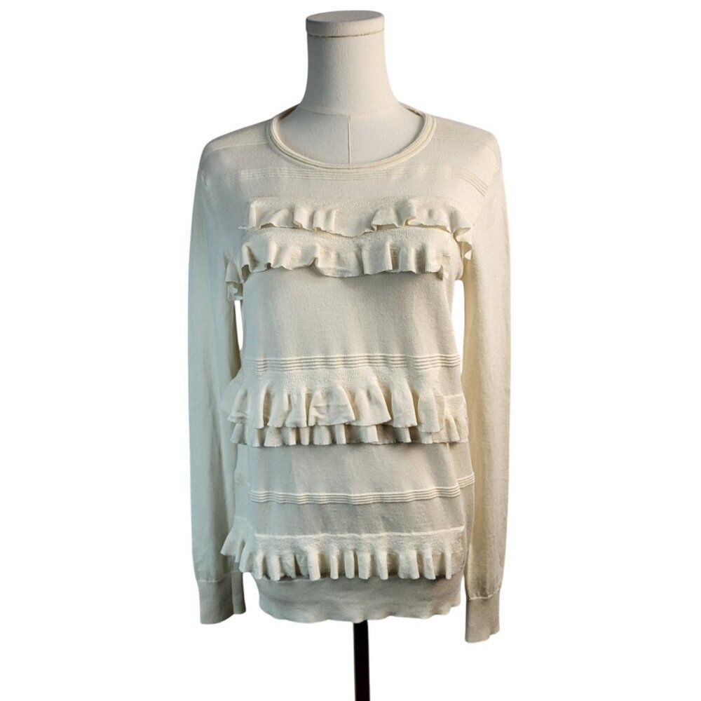 Authentic DVF Small Petite White Sweater Merino Wool Viscose Tiered Ruffles - Picture 5 of 15